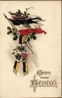 Grüsse aus der Heimat / WWI Austro-Hungarian-German flags, coats of arms, litho