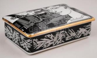 Hollóházi Szász Endre tervezte porcelán doboz, matricás, jelzett, hibátlan, 13,5×8,5 cm