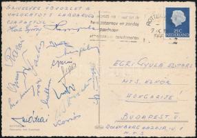 1966 A Magyar Futball válogatott csapattagjainak aláírása (Rákosi, Mátrai, Sípos, Farkas, Bene, Korsós stb.)  egy Egri Gyula elvtársnak címzett képeslapon