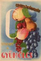 Fruit, health propaganda, C-vitamin table on the backside, advertisement s: Garamvölgyi, C Vitamin a gyümölcs, C-vitamin táblázat a hátoldalon s: Garamvölgyi