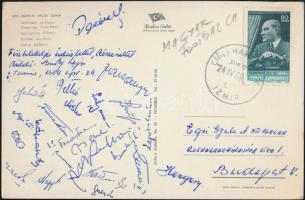 1969 A Magyar Futball válogatott csapattagjainak aláírása (pl.: Bene, Solymosi, Juhász, Zámbó,  stb.) egy Egri Gyula MTS elnöknek címzett képeslapon