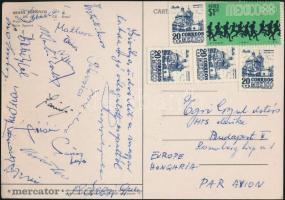 1968 A Magyar Futball válogatott csapattagjainak aláírása (pl.: Szűcs,Rákosi, Mathesz stb.) egy Egri Gyula MTS elnöknek címzett képeslapon