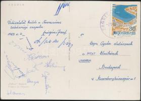 1963 Ferencvárosi Torna Club NBI cspatának (pl.: Aczél, Varga, Kökény, Rátkai,Juhász stb.) aláírása egy Egri Gyula MTS elnöknek címzett képeslapon