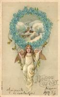 New Year, angel, floral, M.S.i.B. 13652. Emb. litho