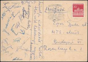 1965 Honvéd FC játékosainak (pl.:Tajti, Nagy, Tóth,  stb) aláírása egy  Egri Gyula MTS elnöknek címzett képeslapon