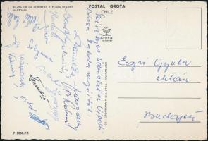 cca 1970 Ujpesti Dózsa játékosainak (pl.:Bene, Horváth, Solymosi, Káposzta,  Dunai II. stb) aláírása egy  Egri Gyula MTS elnöknek címzett képeslapon