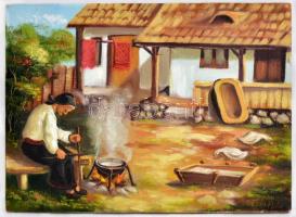 Beján jelzéssel: Bográcsolás a pitvarban, olaj, vászon, 38,5×28 cm