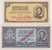 1946. 1.000.000MP + 10.000.000MP, mindkettő "XII. Numizmatikai 'Hírös Nap' Kecskemét, 1998l július 25." felülbélyegzéssel T:II,II-,III