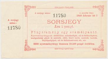 Mosonmagyaróvár 1940. "Jótékony célú tárgysorsjáték" 1P értékű T:I- hajtatlan, lyuk