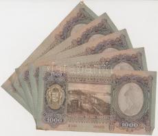 1943. 1000P (5x) sorszámkövetők T:I-,II,II-
(hajtatlanok) folt, kis szakadás, enyhe hajlás