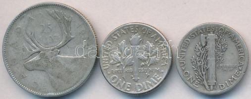 Vegyes: Amerikai Egyesült Államok 1941. 1D Ag "Mercury" + 1962D 1D Ag "Roosevelt" + Kanada 1950. 25c Ag "VI. György" T:2,2-,3 Mixed: USA 1941. 1 Dime Ag "Mercury" + 1962D 1 Dime Ag "Roosevelt" + Canada 1950. 25 Cents Ag "George VI" C:XF,VF,F