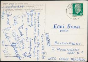 1964 Magyar férfi kosárlabda-válogatott tagjainak (pl.:Glatz, Rácz, Gabányi, Lehoczki, stb.) aláírása egy  Egri Gyula MTS elnöknek címzett képeslapon
