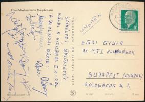 1956 Szolnoki Dózsa  Vízilabda csapat tagjainak (pl.:Pintér, Szabó, Vada, stb.) aláírása egy  Egri Gyula MTS elnöknek címzett képeslapon, melyet az Európa kupáról küldött