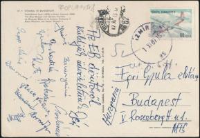 1967 Magyar Női Röplabda válogatott csapat tagjainak (pl.:Baranyainé, Csorbáné, Papp, Nagy, Fekete,stb.)aláírása egy  Egri Gyula MTS elnöknek címzett képeslapon, melyet az EB-ről küldött