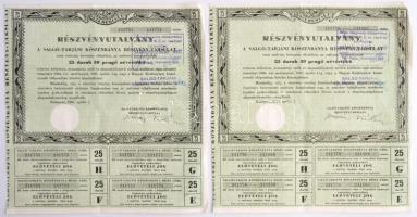 Budapest 1946. "Salgó-Tarjáni Kőszénbánya Részvény-Társulat" részvényutalványa 25db 30P értékű részvényről bélyegzéssel, szelvényekkel és szárazpecséttel (2x) sorszámkövetők T:III