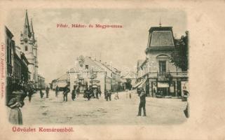 Komárom, Komorn; Nádor utca, Megye utca Stettler Ignác kereskedése / street with shops