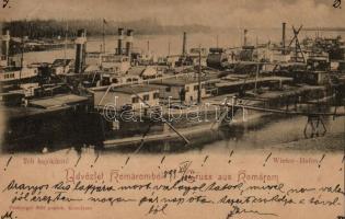 1899 Komárom, Téli kikötő telelő MFTR hajókkal; kiadja Freisinger Mór / winter port