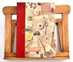 Szép állapotú és kötésű használatlan receptfüzet fa könyvtartóval, 25x18 és 30x26 cm