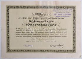 Jászladány 1911. Jászsági Helyi Érdekű Vasút Részvénytársaság 200K-ról szóló törzsrészvény, érvénytelenítve T:II-