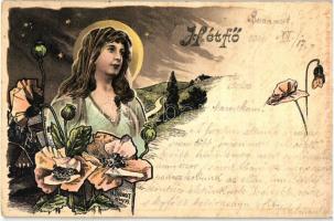 7 db RÉGI, a hét napjait ábrázoló litho művészlapok, pinx. H. Fründt, kiadja: Ferenczy József és Tsa, vegyes minőségű / 7 old motive cards, days of the week, artist, mixed quality