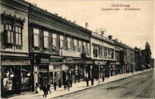 Eszék, Osiek, Essegg; Megye utca, Julijo Horvat, Bartholovich, Miskolczy testvérek és Julius Bauer üzlete / street, shops