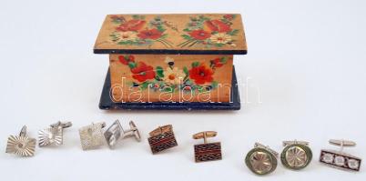 Kézzel festett ékszeres dobozka, fa, 4 pár mandzsettával, 11×6 cm