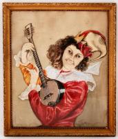 Olvashatatlan jelzéssel: Bohóc hangszerrel, vegyes technika, papír, üvegezett fa keretben, 45×37 cm