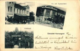 Karcag, vasútállomás, Evangélikus református gimnázium, Gőzfürdő; kiadja Gerenday és Társa (EK)