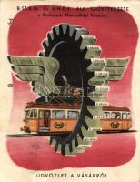 1948 Budapesti Nemzetközi vásár, B.Sz.K.Rt. és B.H.É.V. Alk. szövetkezete reklámlap , villamos / Hungarian international fair's advertisement, tram, artist signed, So. Stpl (fa)