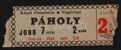 1943 Kárpát Filmszínház Nagybánya Páholy jegy, 3,5x9cm