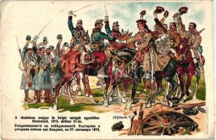 A diadalmas magyar és bolgár seregel egyesülése Kladovónál 1915. október 27-én / Hungarian and Bulgarian soldiers,  Kladovo, litho s: Mühlbeck K. (EK)