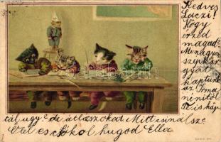 Cat school, humour, litho