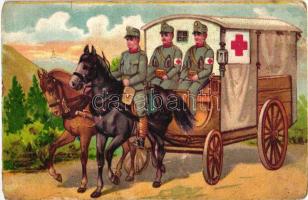 Red Cross soldiers, horse cart, litho (small tear)