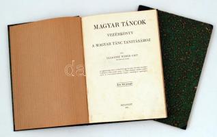 Elekesné Weber Edit: Magyar táncok. Vezérkönyv a magyar tánc tanításához. Bp., 1935, szerzői kiadás. "Kísérőzenék a magyar táncokhoz" c. kísérő kötettel, 64 t. Kicsit kopott félvászon kötésben, egyébként jó állapotban.