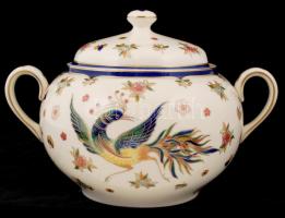 Zsolnay Főnix nyolc személyes étkészlet, kézzel festett, jelzett (Szabó Kinga), egyik mélytányéron m...