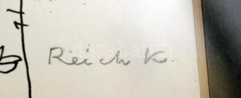 Reich Károly (1922-1988): Akt szoborral, szitanyomat, papír, jelzett, üvegezett fa keretben, 29×20 c...