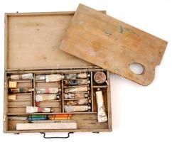 Régi olaj festék készlet, fa dobozban, palettával, 31×18 cm