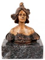 Szecessziós női büszt, bronz, márvány talapzaton, jelzés nélkül, talapzaton kis lepattanás, m:14 cm (talapzat nélkül)