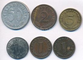 Német 3. Birodalom 1937A 1pf Br + 5pf Al-Br + 1939A 2pf Br + 1939F 1pf Br + 1941A 50pf Al + 1943D 1pf Zn T:2,2- German Third Reich 1937A 1 Pfennig Br + 5 Pfennig Al-Br + 1939A 2pf Br + 1939F 1 Pfennig Br + 1941A 50 Pfennig Al + 1943D 1 Pfennig Zn C:XF,VF