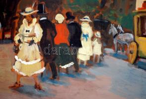 Berkes jelzéssel: Hajnaltájt a városi utcán (bálból hazafelé), olaj, vászon, 60×110 cm