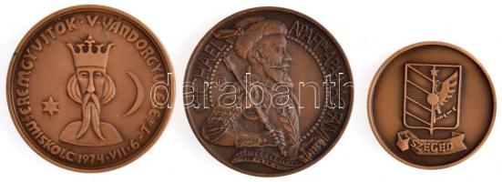 Varga Miklós (1934-) 1974. "MÉE Miskolc / V. Vándorgyűlés - Diósgyőr" Br emlékérem (42,5mm) + Tóth Sándor (1933-) 1985. "MÉE Hajdú-Bihar Megye / Apafi Mihály" Br emlékérem (42,5mm) + DN "Szeged" Br emlékérem. Szign.:G (32mm) T:2