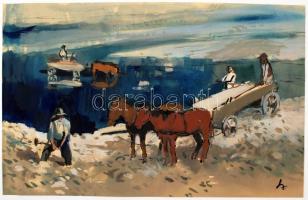 Szilvásy Nándor(1927-): Munka a földeken. Akvarell, papír, jelzett, 27x43 cm