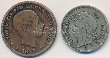 Vegyes: Chile 1871. 1c Cu-Ni + Spanyolország 1878. 5c Br T:2-,3 Mixed: Chile 1871. 1 Centavo Cu-Ni + Spain 1878. 5 Centimos Br C:VF,F