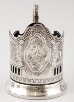 Díszes szovjet teás pohár tartó, ezüstözött alpakka, jelzett, 6db