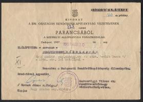 1957 Rendőrnyomozó hadnagy előléptetése Kossuth-címeres pecséttel