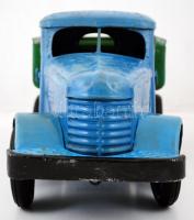 Billencs kék-zöld régi fém játék teherautó, nyitható ajtókkal, kissé rozsdás, 54x20x18 cm