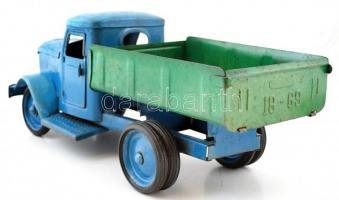 Billencs kék-zöld régi fém játék teherautó, nyitható ajtókkal, kissé rozsdás, 54x20x18 cm