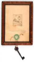 Olvashatatlan jelzéssel: A Pécsi Képzőművészek és Műbarátok társaságának, Grafikai szakosztály 1939. Rézkarc, papír, üvegezett keretben, kulccsal, 8x7 cm