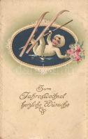 New Year, skiing child, floral, Erika Nr. 4742. 4. Dessin Emb. litho, Újévi köszöntőlap síelő gyerekkel Erika Nr. 4742. 4. Dessin Emb. litho