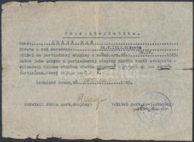 1945 Igazolás a kispesti születésű Bán Jenő (1912-?) részére a magyar hadseregből a szlovák partizánbrigádhoz átállva tett szolgálatáról, bélyegzővel, aláírásokkal, a hajtások mentén szakadásokkal